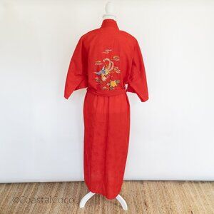 Vintage Health L Chinese Phoenix Peony Embroidered Robe Kimono Red Jacquard